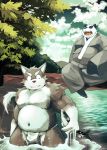  2017 anthro asian_clothing belly black_body black_fur canid canine clothing detailed_background duo east_asian_clothing eyes_closed fish fundoshi fur giant_panda hi_res japanese_clothing male mammal marine mitei moobs mti777 navel outside overweight overweight_male robe sitting underwear ursid water white_body white_fur 