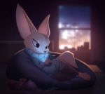  2019 aggressive_retsuko anthro barefoot bottomwear canid canine cellphone clothed clothing fennec fenneko fox fully_clothed fur hi_res holding_cellphone holding_object holding_phone inside light lighting mammal pants phone pointedfox sanrio solo sweater tan_body tan_fur topwear window 