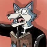  1:1 2019 anthro beastars black_nose blue_body blue_fur book canid canine canis claws clothed clothing cross eyewear fangs fur glasses holding_object horsemanoftheapocalypse humor legoshi_(beastars) low_res male mammal multicolored_body multicolored_fur open_mouth priest simple_background solo teeth tongue white_body white_fur wolf 