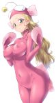  1girl anglerfish_costume blonde_hair blush breasts cameltoe closed_mouth collarbone covered_navel covered_nipples girls_und_panzer green_eyes groin highres kuzuryuu_kennosuke large_breasts long_hair looking_at_viewer looking_to_the_side no_bra no_panties sasaki_akebi shiny shiny_clothes shiny_hair shiny_skin simple_background skin_tight smile solo standing upper_body white_background 