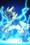  2019 3_toes 4_fingers anthro claws fingers fur hi_res katahane3 legendary_pok&eacute;mon lightning multicolored_body nintendo open_mouth pawpads pok&eacute;mon pok&eacute;mon_(species) sharp_teeth solo teeth toes tongue video_games yellow_body yellow_fur zeraora 