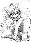  2016 5_fingers anthro artist black_and_white breasts clothed clothing domestic_cat felid feline felis female fingers fur hair kemono long_hair looking_at_viewer mammal monochrome open_mouth open_smile side_boob smile snout solo tanu-tan 