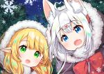  1girl 2girls :d ahoge animal_ear_fluff animal_ears bangs blonde_hair blue_eyes bow brown_capelet capelet commentary_request eyebrows_visible_through_hair fang fur-trimmed_capelet fur-trimmed_hood fur_trim green_eyes hair_between_eyes hair_bow hair_ornament heart heart-shaped_pupils heart_ahoge hood hood_up hooded_capelet long_hair looking_at_viewer multiple_girls night night_sky open_mouth original outdoors pointy_ears red_bow sawa_(sawasaku) silver_hair sky smile snowflakes solo star_(sky) starry_sky symbol-shaped_pupils upper_body 