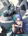  1girl black_horns black_legwear black_skirt blue_hair breasts cleavage detached_sleeves dusttodusk gun highres horns iron_saga knees_up long_hair mecha panties pantyshot pantyshot_(sitting) pink_eyes sitting skirt teresa_(iron_saga) underwear very_long_hair weapon white_background 