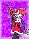  absurd_res beauty_mark christmas clothing delphox eyeshadow fangs female hand_on_hip hat headgear headwear hi_res holding_gun holding_object holding_weapon holidays holly_(plant) looking_at_viewer mahoxy makeup mole_(marking) nintendo plant pok&eacute;mon pok&eacute;mon_(species) santa_hat solo video_games weapon 