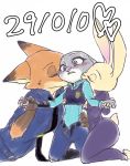  anthro blush canid canine clothed clothing disney fox fully_clothed fur grey_body grey_fur group judy_hopps lagomorph leporid mammal mitsuharu nick_wilde orange_body orange_fur police_uniform purple_eyes rabbit red_fox simple_background square_crossover tan_body tan_fur uniform white_background zootopia 