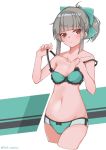  1girl absurdres ahoge bare_shoulders blush bow bra breasts brown_eyes collarbone cowboy_shot eyebrows_visible_through_hair green_bow green_bra green_panties grey_hair hair_bow highres kantai_collection looking_at_viewer midriff navel panties ponytail sidelocks small_breasts solo underwear underwear_only undressing uut yuubari_(kantai_collection) 