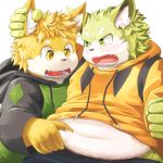  2014 anthro belly canid canine clothing duo fur green_body green_eyes green_fur hoodie hug humanoid_hands male mammal mitei mti777 overweight overweight_male simple_background topwear white_background 