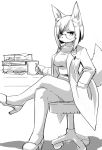  2016 anthro artist black_and_white book clothed clothing domestic_cat eyewear felid feline felis female fluffy fluffy_tail glasses hair kemono looking_at_viewer mammal monochrome simple_background sitting snout solo tanu-tan white_background 