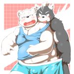  2015 anthro belly blush bodily_fluids bulge clothing drooling duo fur humanoid_hands male male/male mammal mitei mti777 overweight overweight_male polar_bear saliva shirt tongue tongue_out topwear underwear ursid ursine white_body white_fur 