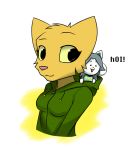  2015 anthro bethesda_softworks canid canine clothing crossover digital_media_(artwork) duo felid female fur grey_hair hair happy hi_res hoodie katia_managan khajiit killerfishsg mammal prequel simple_background smile tem temmie_(undertale) text the_elder_scrolls topwear undertale video_games webcomic white_body white_fur yellow_body yellow_fur 