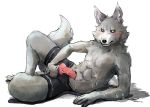  2016 animal_genitalia animal_penis anthro balls black_nose blush bodily_fluids canid canine canine_penis canis censor_bar censored clothed clothing cum cum_on_hand cum_on_stomach fur genital_fluids green_eyes grey_body grey_fur hi_res knot looking_at_viewer lying male mammal on_side partially_clothed penis pink_penis rokh_(artist) simple_background solo topless white_background wolf 