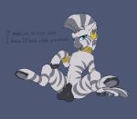  2019 absurd_res balls crossgender ear_piercing english_text equid equine feral friendship_is_magic hi_res looking_at_viewer male mammal my_little_pony penis phenyanyanya piercing smile solo spread_legs spreading text zebra zecora_(mlp) 