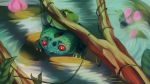  16:9 bulbasaur detailed flower liloli_(artist) nintendo plant pok&eacute;mon pok&eacute;mon_(species) pond red_eyes video_games vines water 