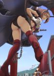  1girl anchor black_panties black_skirt boots breasts brown_hair capelet flipped_hair focused from_below giantess gloves green_eyes headgear kantai_collection knee_boots large_breasts looking_at_viewer metal_belt midriff mokerou museum mutsu_(kantai_collection) outdoors panties pantyshot pantyshot_(standing) pleated_skirt propeller red_footwear red_legwear remodel_(kantai_collection) rigging short_hair size_difference skirt solo standing turret twitter_username underwear white_gloves 