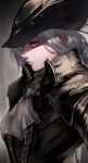  1girl absurdres bloodborne brooch commentary_request cravat densen_(itoguchi) hat high_collar highres jewelry lady_maria_of_the_astral_clocktower looking_at_viewer serious silver_eyes silver_hair solo the_old_hunters tricorne 