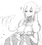  blush breasts cleavage covering covering_breasts elf elsword grand_archer_(elsword) hand_up pointy_ears removing rena_erindel sketch smile sweat teasing veca 