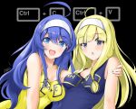  2girls ahoge arm_around_shoulder blonde_hair blue_dress blue_eyes blue_hair blush breasts chaesu dress english_text hairband highres huge_ahoge impossible_clothes impossible_dress medium_breasts multiple_girls open_mouth orie_(under_night_in-birth) silver_eyes smile thanatos_(under_night_in-birth) under_night_in-birth white_hairband yellow_dress 