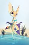  2019 absurd_res anthro bikini brown_eyes canid canine clothed clothing female fennec fox fur grass hi_res light lighting mammal navel outside partially_submerged pointedfox sand smile solo swimwear tan_body tan_fur water 