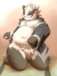  2012 anthro belly black_body black_fur clothing fur giant_panda hi_res humanoid_hands male mammal mitei moobs navel nipples overweight overweight_male robe solo ursid white_body white_fur 