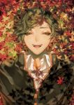  1boy :d autumn_leaves bangs buttons gakuran green_eyes green_hair half-closed_eyes happy leaf looking_at_viewer lying male_focus maple_leaf on_back on_ground open_mouth school_uniform shade smile solo swept_bangs touken_ranbu uguisumaru upper_body user_tufx3333 