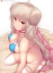  1girl ahoge artist_name azur_lane bangs beach bikini blue_bikini blunt_bangs braid braided_bun breasts butt_crack choker cleavage covered_nipples criss-cross_halter deru06 double_bun eyebrows_visible_through_hair feather_boa formidable_(azur_lane) formidable_(the_lady_of_the_beach)_(azur_lane) from_above halter_top halterneck highres large_breasts long_hair looking_at_viewer multi-strapped_bikini platinum_blonde_hair red_eyes sand side_braid solo stirrup_legwear sweat swimsuit thighhighs toeless_legwear twin_braids very_long_hair white_legwear 