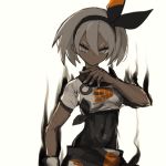  1girl bangs black_bodysuit black_hairband bodysuit breasts covered_navel dark_skin eyelashes grey_hair gym_leader hair_between_eyes hairband naruwe pokemon pokemon_(game) pokemon_swsh saitou_(pokemon) short_hair short_sleeves simple_background solo white_background 