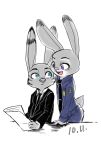  anthro blue_eyes bottomwear clothing disney duo ear_markings facial_markings fur grey_body grey_fur head_markings holding_object jack_savage judy_hopps lagomorph leporid mammal markings mitsuharu necktie open_mouth open_smile pants police_uniform purple_eyes rabbit shirt simple_background smile suit topwear uniform white_background zootopia 