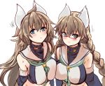  2girls animal_ears azur_lane bangs between_breasts blue_eyes blush braid breast_press breasts brown_hair commentary_request crop_top detached_sleeves eyebrows_visible_through_hair furutaka_(azur_lane) glasses gloves hey_taishou highres kako_(azur_lane) large_breasts long_hair midriff multiple_girls retrofit_(azur_lane) sailor_collar school_uniform semi-rimless_eyewear twin_braids under-rim_eyewear white_gloves 