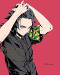  1boy adjusting_hair arms_up black_hair blue_eyes buttons clonion closed_mouth dress_shirt hands_on_head highres jewelry kimetsu_no_yaiba multicolored_shirt red_background ring shirt short_sleeves spiked_hair tomioka_giyuu 