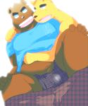  2011 anthro belly black_nose bottomwear brown_body brown_fur bulge clothing doromiez duo fur hi_res hug humanoid_hands male male/male mammal navel overweight overweight_male pants shirt simple_background sitting topwear underwear ursid white_background 