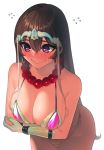 1girl arms_under_breasts bangs bare_shoulders bead_necklace beads bikini blush breasts brown_hair cleavage commentary_request crossed_arms earrings elbow_gloves fate/grand_order fate_(series) flying_sweatdrops gloves green_bikini green_gloves hair_between_eyes headpiece highres hoop_earrings jewelry large_breasts layered_bikini long_hair necklace prayer_beads purple_bikini purple_eyes rubber_gloves side-tie_bikini simple_background smile solo sungwon sweatdrop swimsuit trick_or_treatment wavy_mouth white_background xuanzang_(fate/grand_order) 