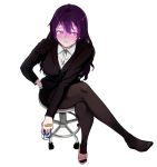  ahoge bandaid beifeng_han black_jacket black_legwear blush breasts chinese_commentary crossed_legs full_body hand_in_pocket highres jacket large_breasts long_hair looking_to_the_side miyaura_sanshio no_shoes office_lady original pantyhose pencil_skirt purple_eyes purple_hair shirt simple_background skirt swivel_chair white_background white_shirt 