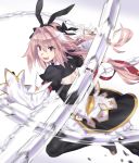  1boy absurdres alternate_legwear astolfo_(fate) astolfo_(saber)_(fate) black_bow black_gloves black_legwear black_neckwear black_ribbon bow fang fate/grand_order fate_(series) faulds gloves hair_intakes highres juliet_sleeves layered_skirt long_hair long_sleeves looking_at_viewer low_twintails mizuumi_(bb) multicolored_hair otoko_no_ko pink_hair puffy_sleeves purple_eyes ribbon skin_fang streaked_hair sword twintails weapon whip_sword white_hair wing_collar 