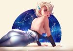  ass audi_(tsuaii) back bare_back bare_chest bare_shoulders blonde_hair blue_eyes bodysuit breasts constellation hair_ornament hairclip looking_at_viewer looking_back no_bra open_mouth original short_hair sideboob skin_tight star topless tsuaii 