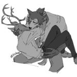  antlers beastars blush butt butt_grab canid canine canis cervid cervine clothed clothing dress_shirt embrace footwear fur hand_on_butt horn hug imminent_kiss legoshi_(beastars) louis_(beastars) male male/male mammal multicolored_body multicolored_fur nekokat42 on_lap red_deer romantic_couple seductive shirt shoes signature simple_background sitting_on_lap topwear two_tone_body two_tone_fur watermark white_background wolf 