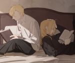  2boys alphonse_elric bangs bed bed_sheet black_clothes black_pants blonde_hair book brothers closed_eyes closed_mouth collar collared_shirt edward_elric from_side fullmetal_alchemist gloves hand_on_own_head holding holding_book long_hair long_sleeves lying male_focus multiple_boys p0ckylo pants reading shirt siblings sitting white_gloves white_shirt 