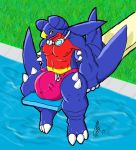  anthro anthrofied balls beach_shorts big_balls bulge diving_board garchomp huge_balls hyper hyper_balls hyper_bulge hyper_penis kokoro-doll male nintendo penis plantigrade pok&eacute;mon pok&eacute;mon_(species) smile swimming_goggles swimming_pool video_games 