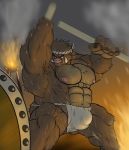  anthro asian_clothing bodily_fluids brown_body brown_fur bulge clothing east_asian_clothing fundoshi fur humanoid_hands japanese_clothing male mammal nipples solo suid suina sus_(pig) sweat tetsuo_oshiba underwear wild_boar 