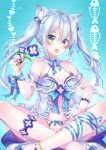  1girl :o absurdres animal_ear_fluff animal_ears aqua_eyes babydoll bare_shoulders blue_background blue_bow blue_flower bow breasts cat_ears cat_girl cat_tail choker fang fish_bone flower frilled_choker frills hair_between_eyes halterneck hand_on_hip highres holding holding_flower huge_filesize indian_style leg_ribbon lingerie long_hair looking_at_viewer nail_polish open_mouth original panties ribbon sakura_moyon see-through shoes sidelocks silver_hair sitting small_breasts solo tail tongue tongue_out twintails underwear underwear_only white_panties 