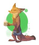  2017 ahappypichu-mod anthro boxers_(clothing) brown_body brown_fur canid canine clothed clothing disney eyes_closed fox fur gloves_(marking) holding_cup holding_object light lighting mammal markings nick_wilde red_fox shirt simple_background solo standing steam tank_top tired topwear underwear zootopia 