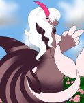  5_fingers anthro breasts butt cetacean cloud coco delphinoid dragon female fingers flower freckles grass hair horn hybrid looking_at_viewer mammal marine oceanic_dolphin orca pink_eyes plant simple_background sky solo toothed_whale white_hair wynterowens 