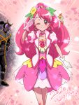  1boy 1girl 2020 black_pants blush choker clenched_hand closed_mouth cowboy_shot crossover cure_grace earrings flower gloves hair_bun hair_flower hair_ornament hanadera_nodoka healin&#039;_good_precure heart heart_hair_ornament helmet jewelry kamen_rider kamen_rider_ghost_(series) kamen_rider_kaixa layered_skirt long_hair looking_at_viewer magical_girl one_eye_closed pants pink_background pink_eyes pink_hair pink_neckwear pink_skirt pink_theme precure puffy_sleeves salute shiny shiny_hair skirt smile standing tj-type1 white_gloves yurusen 