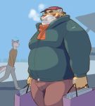  00murice 2019 anthro blush bottomwear canid canine clothing duo eyewear felid glasses hat headgear headwear humanoid_hands male mammal outside overweight overweight_male pantherine pants scarf sweater tiger topwear 