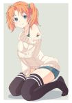 1girl aqua_eyes bangs between_legs black_legwear blue_shorts e20 grey_background hair_tie hand_between_legs long_sleeves no_shoes off-shoulder_sweater off_shoulder orange_hair original short_shorts shorts simple_background sitting smile solo spaghetti_strap sweater thighhighs twintails white_sweater 