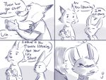  2017 ahappypichu-mod annoyed anthro canid canine clothed clothing comic dialogue dipstick_ears disney duo english_text fennec finnick fox holding_object humor mammal monochrome multicolored_ears nick_wilde red_fox shirt speech_bubble t-shirt text topwear zootopia 
