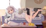  1girl absurdres animal_hood ass barefoot can candy_wrapper clock copyright_request couch fate/grand_order fate_(series) grey_hair highres hokori_sakuni hood hoodie lampshade legs_up long_sleeves looking_at_viewer lying official_art on_couch on_stomach open_mouth phone pillow red_eyes shirakami_haruka short_hair sleeves_past_fingers sleeves_past_wrists soda_can solo stuffed_seal stuffed_toy table thighs virtual_youtuber 