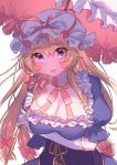  1girl :d absurdres bangs blonde_hair blush bow breasts choker commentary_request corset dress eyebrows_visible_through_hair frills gloves hair_between_eyes hair_bow hat hat_ribbon highres holding holding_umbrella large_breasts long_hair looking_at_viewer masanaga_(tsukasa) mob_cap open_mouth pink_bow pink_choker pink_ribbon puffy_short_sleeves puffy_sleeves purple_dress purple_eyes ribbon ribbon_choker short_sleeves simple_background smile solo touhou umbrella upper_body white_background white_gloves white_headwear yakumo_yukari 