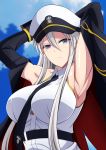  1girl armpits arms_behind_head arms_up azur_lane bangs bare_shoulders belt between_breasts black_belt black_coat black_neckwear blurry blurry_background breasts cloud coat collared_shirt commentary_request day emblem enterprise_(azur_lane) eyebrows_visible_through_hair frown hat highres large_breasts long_hair looking_at_viewer military_hat necktie necktie_between_breasts open_clothes open_coat peaked_cap print_neckwear purple_eyes shirt sho-chan silver_hair sky sleeveless sleeveless_shirt solo star sweatdrop upper_body white_headwear wrist_cuffs 
