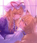  2girls animal_ear_fluff animal_ears bangs blonde_hair blush breasts brown_eyes choker commentary_request curtains dress eyebrows_visible_through_hair fox_ears fox_tail frills hair_between_eyes hat hat_ribbon highres indoors long_hair looking_at_another looking_at_viewer masanaga_(tsukasa) medium_breasts mob_cap multiple_girls multiple_tails no_hat no_headwear parted_lips puffy_short_sleeves puffy_sleeves purple_dress red_choker red_ribbon ribbon ribbon_choker short_hair short_sleeves sidelocks tabard tail touhou upper_body white_dress white_headwear window yakumo_ran yakumo_yukari yuri 